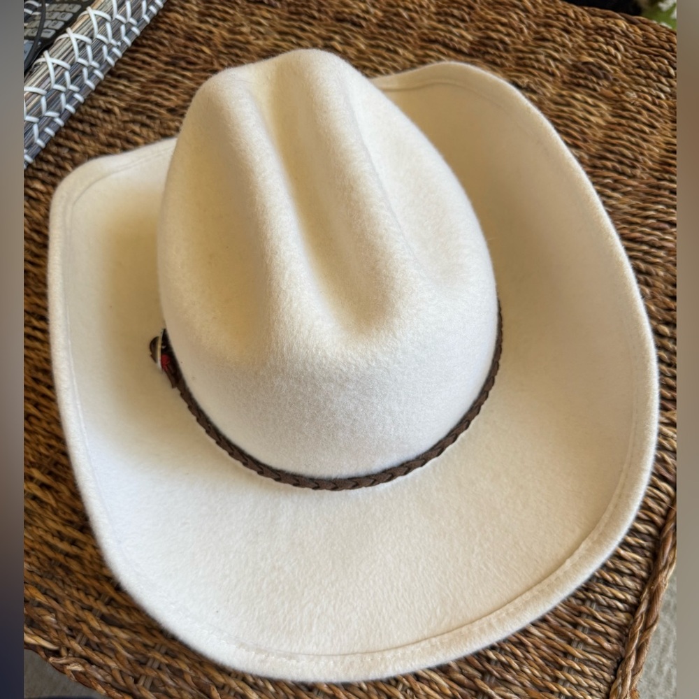 Wyeth Cream Wool Western Hat with custom leather Braided Band – One Size - Picture 3 of 8